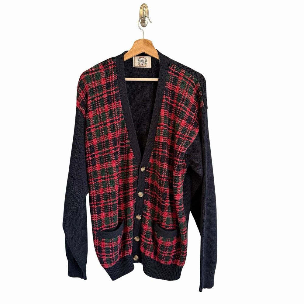 Vintage Sears Roebuck Mens Tartan Plaid Cardigan Sweater Size XL Grandpa Grunge